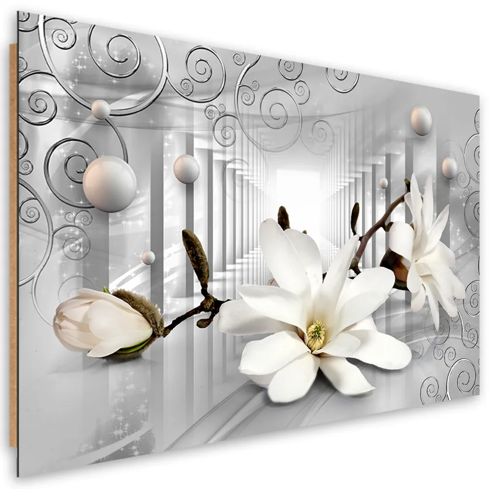 Dekorativer Paneeldruck, Blumen im Tunnel und dreidimensionale silberne Kugeln 60x40 Feeby