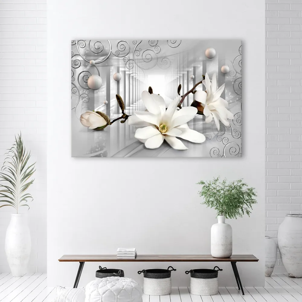 Dekorativer Paneeldruck, Blumen im Tunnel und dreidimensionale silberne Kugeln 60x40 Feeby