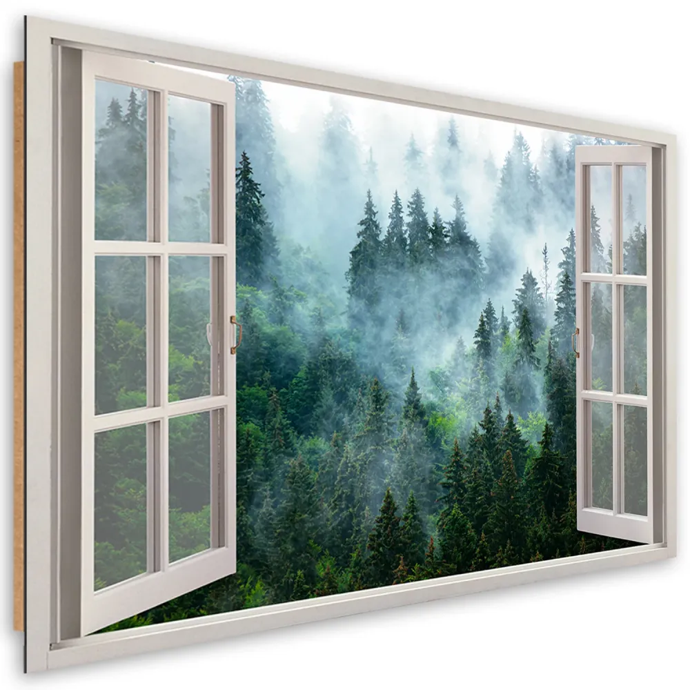 Dekorativer Paneeldruck, Fenster grüner Wald im Nebel Natur 60x40 Feeby