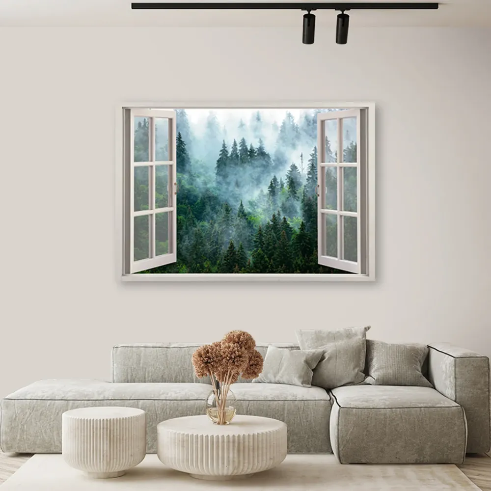 Dekorativer Paneeldruck, Fenster grüner Wald im Nebel Natur 60x40 Feeby