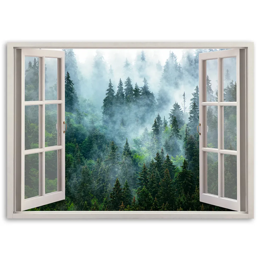 Dekorativer Paneeldruck, Fenster grüner Wald im Nebel Natur 60x40 Feeby