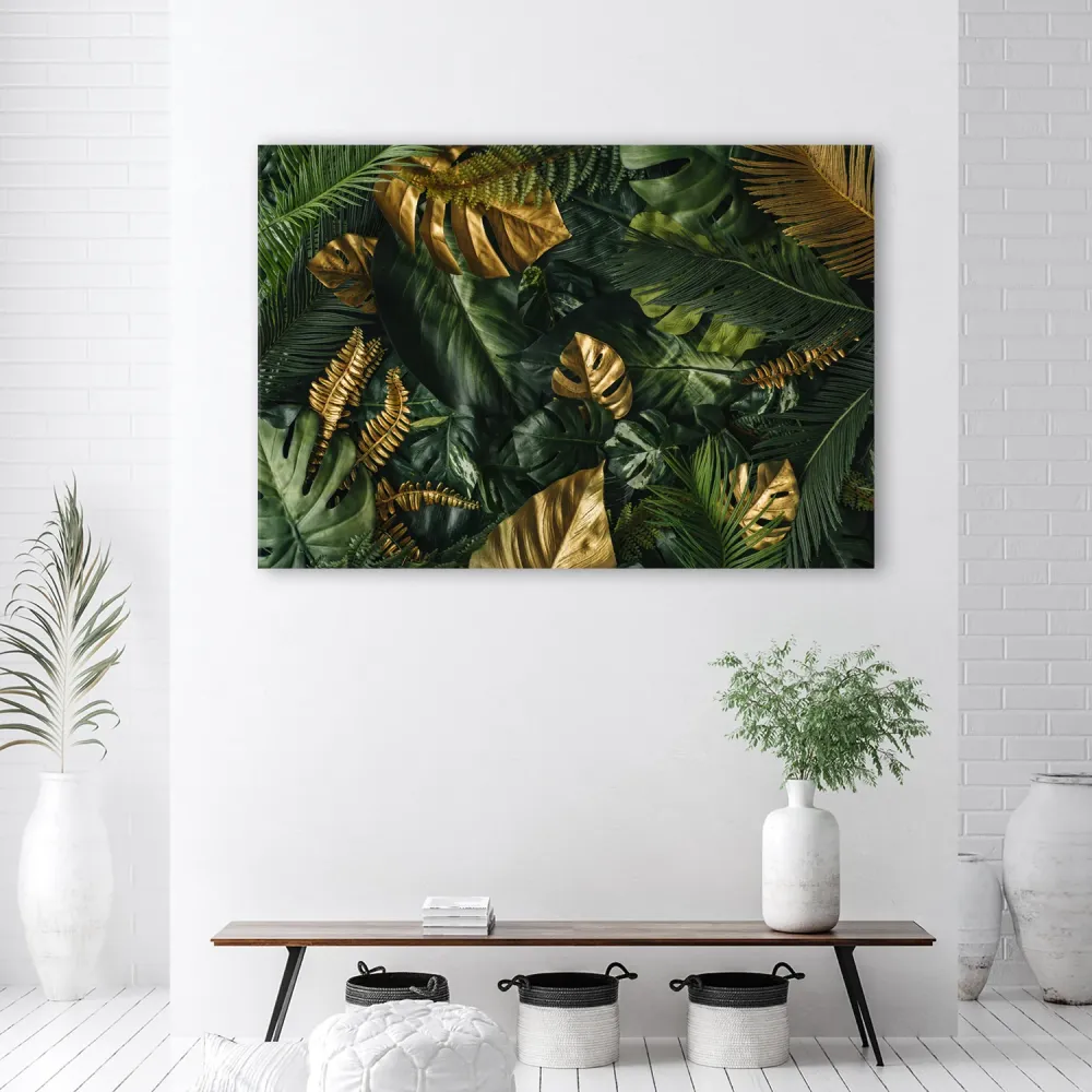 Dekorativer Paneeldruck, goldene tropische Blätter 60x40 Feeby