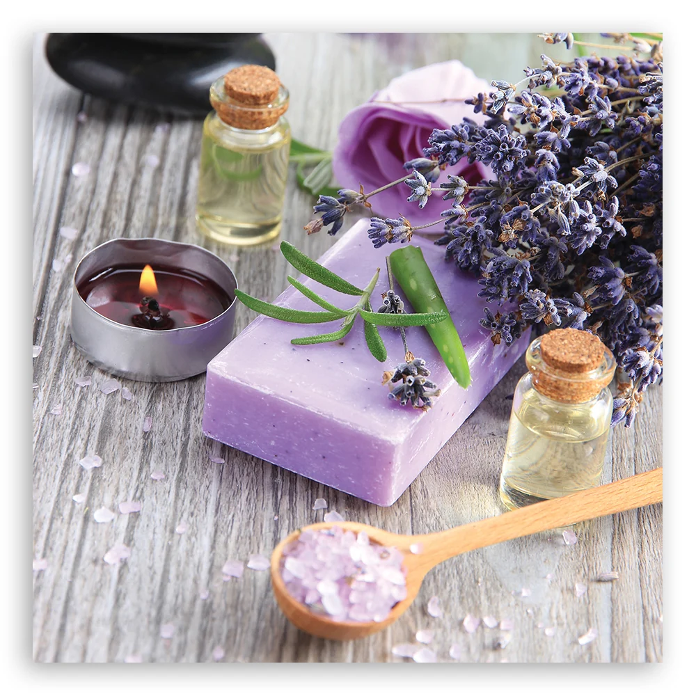 Dekorativer Paneeldruck, violette Zen-Spa-Seife 30x30 Feeby