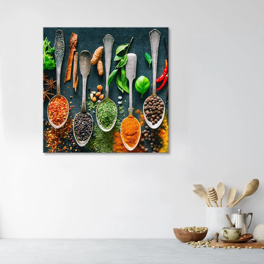 Dekorativer Wanddruck, Kräuter und Gewürze für die Küche 30x30 Feeby
