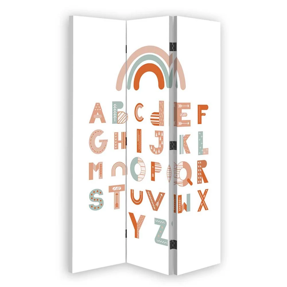 Doppelseitiger Raumteiler mit PIN IT-Motiv, Alphabet mit Regenbogen Feeby