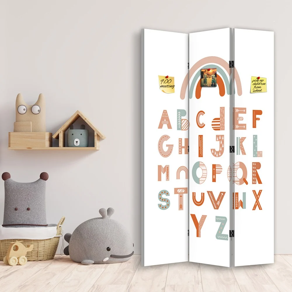 Doppelseitiger Raumteiler mit PIN IT-Motiv, Alphabet mit Regenbogen Feeby