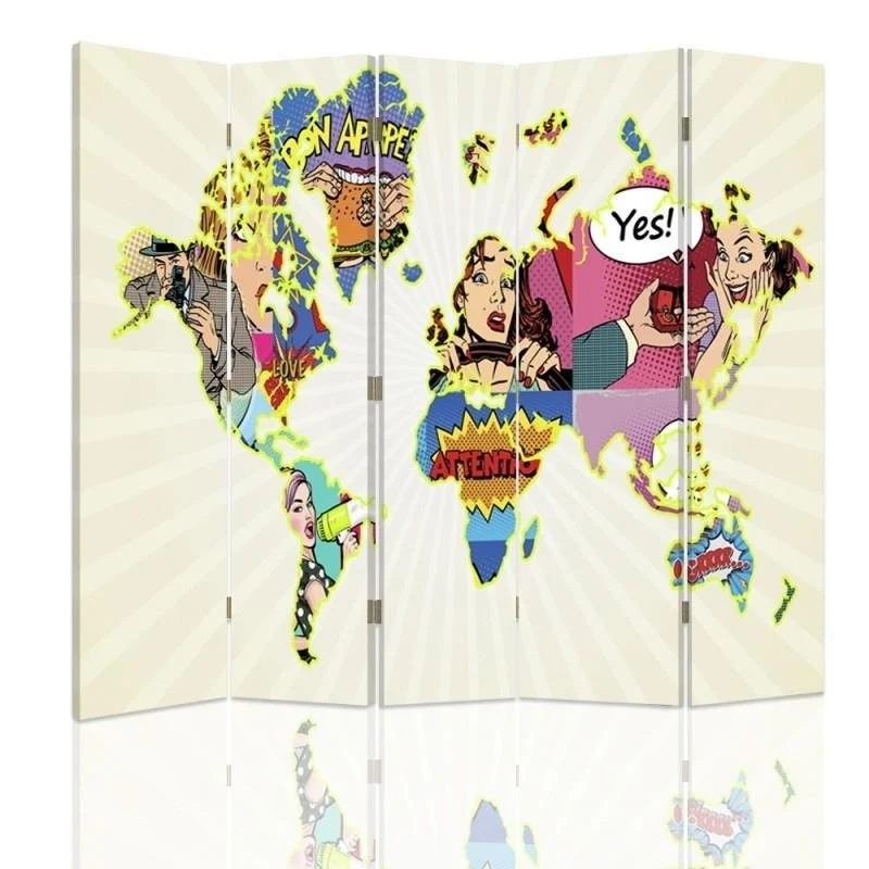 Doppelseitiger Raumteiler, Weltkarte im Pop-Art-Stil Feeby