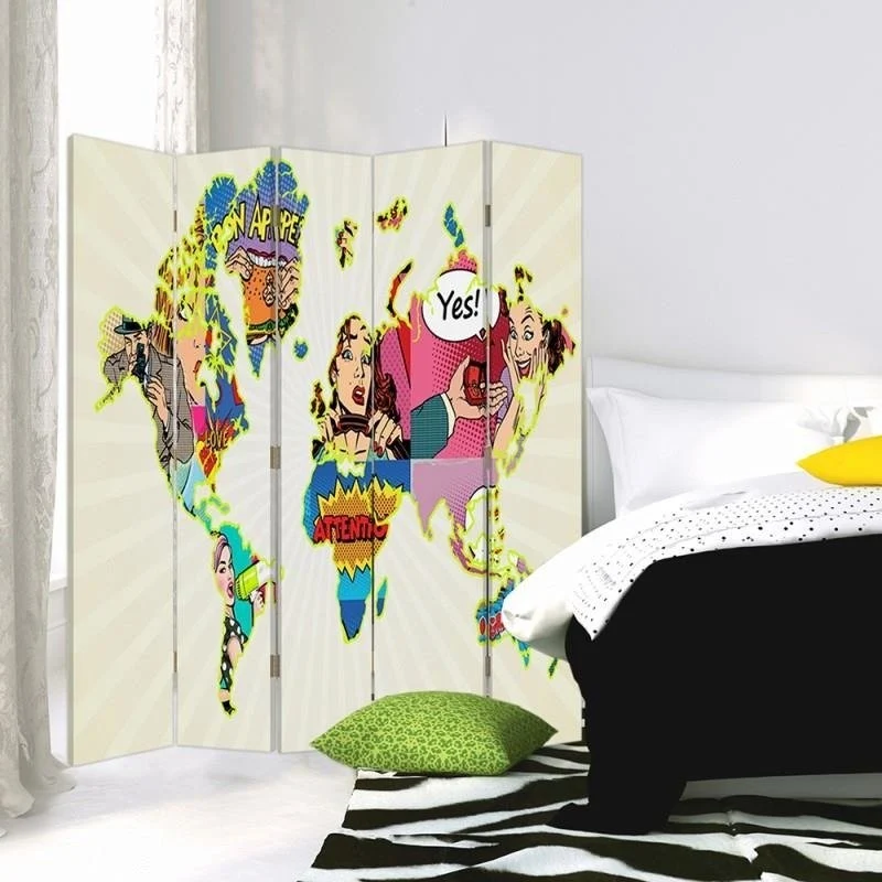 Doppelseitiger Raumteiler, Weltkarte im Pop-Art-Stil Feeby