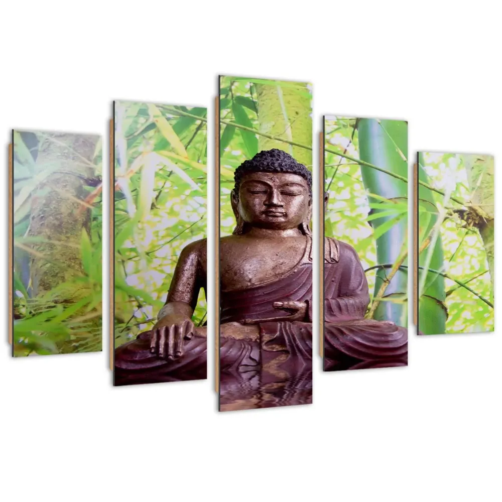 Fünfteiliges Bild-Art-Dekor-Panel, Buddha vor Bambushintergrund 100x70 Feeby