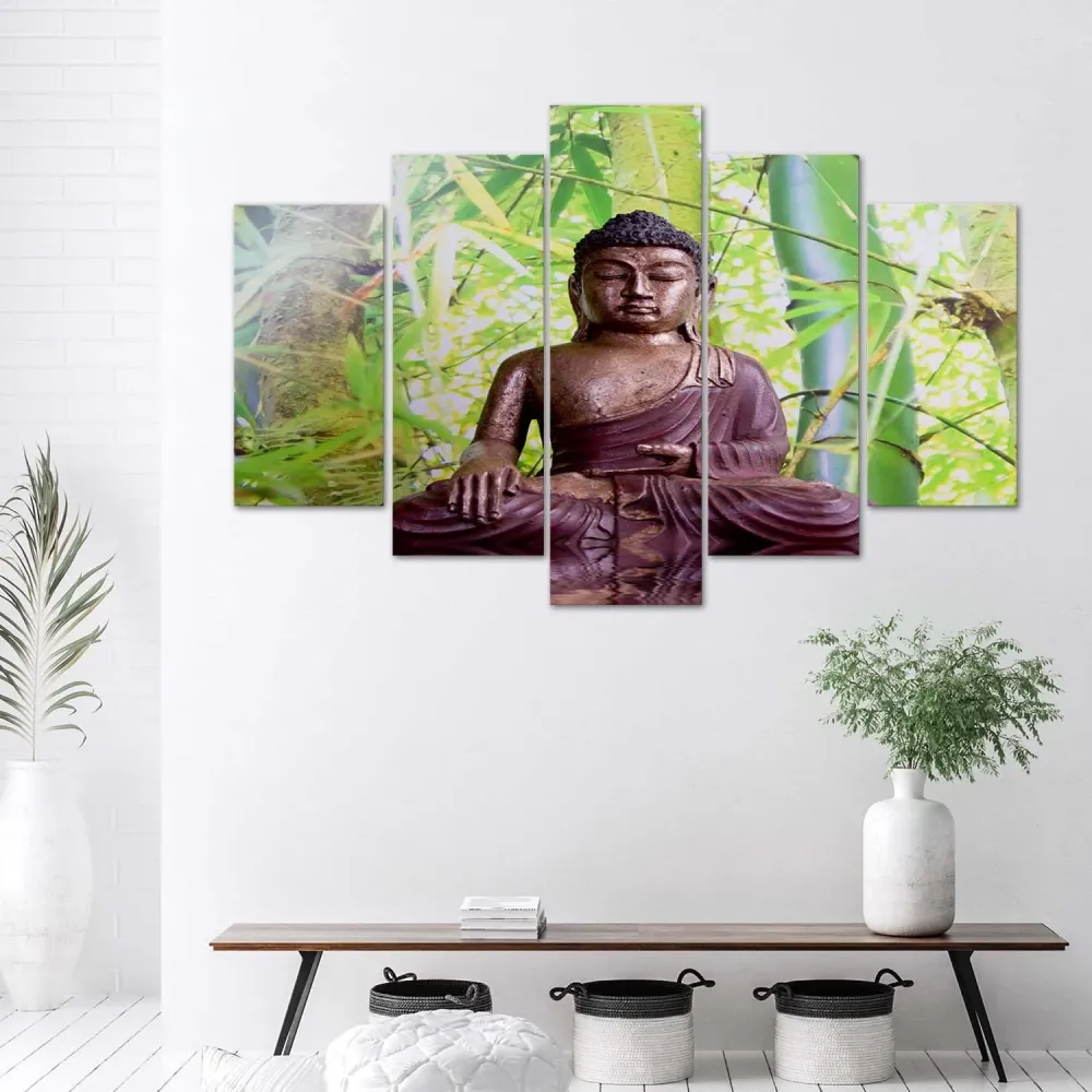 Fünfteiliges Bild-Art-Dekor-Panel, Buddha vor Bambushintergrund 100x70 Feeby