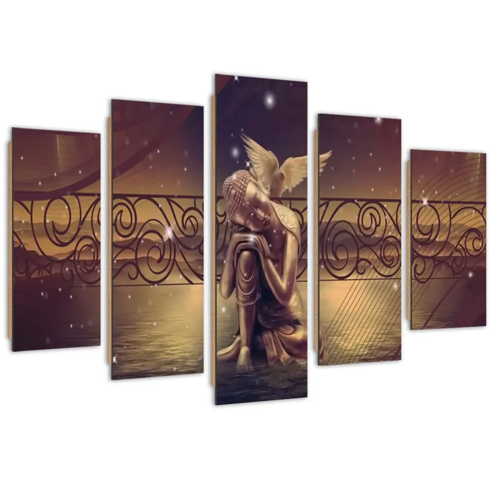 Fünfteiliges Bilderdekor-Panel, Goldener Buddha 100x70 Feeby