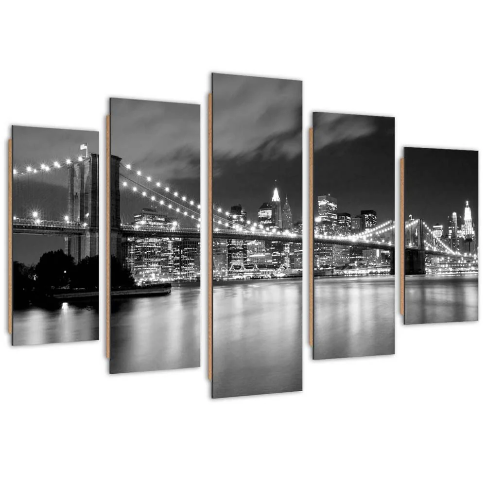 Fünfteiliges Bilderpaneel im Art-déco-Stil, Brooklyn Bridge bei Nacht, Schwarzweiß 100x70 Feeby