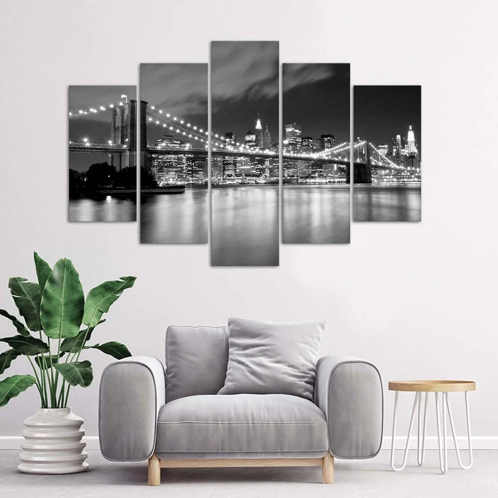Fünfteiliges Bilderpaneel im Art-déco-Stil, Brooklyn Bridge bei Nacht, Schwarzweiß 100x70 Feeby