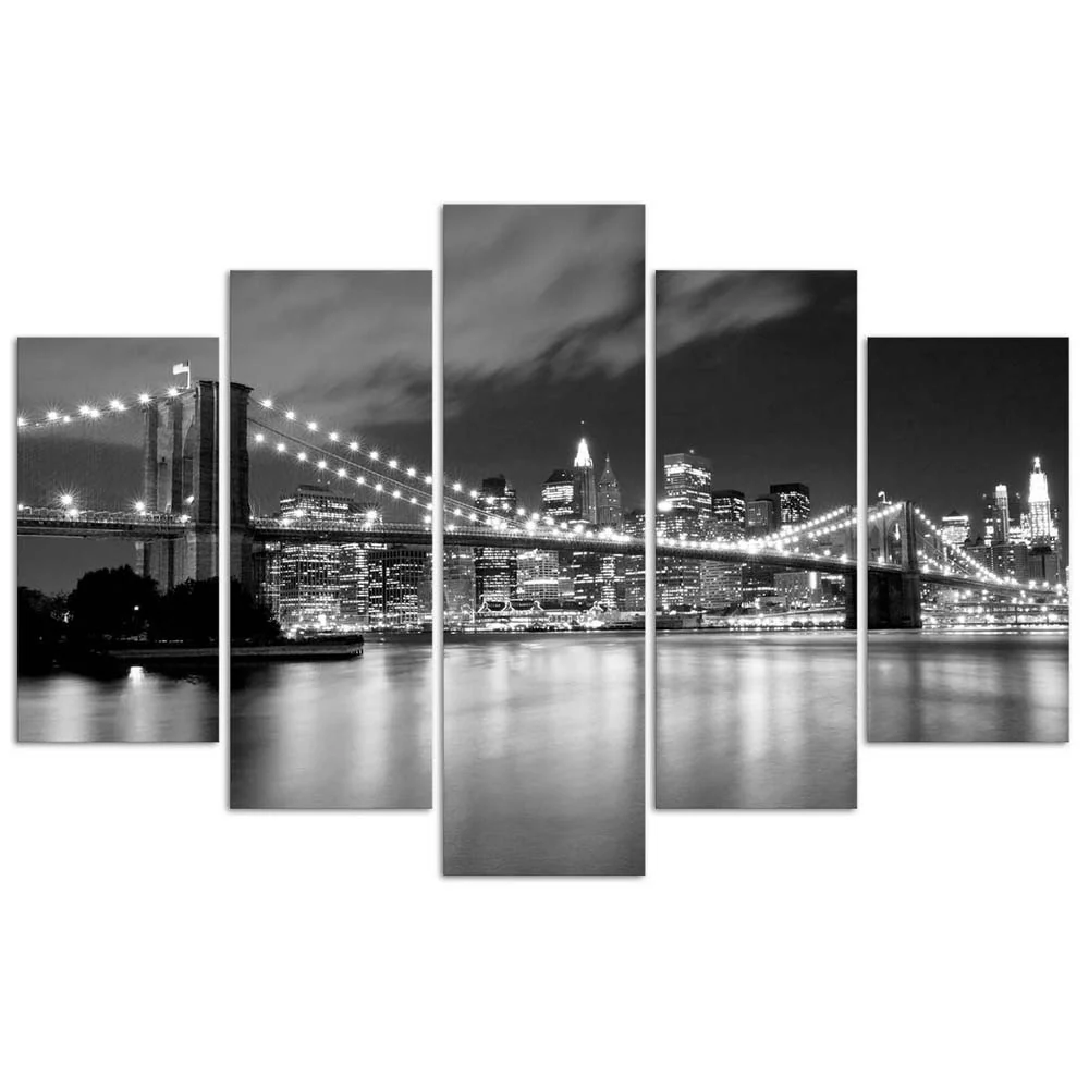 Fünfteiliges Bilderpaneel im Art-déco-Stil, Brooklyn Bridge bei Nacht, Schwarzweiß 100x70 Feeby