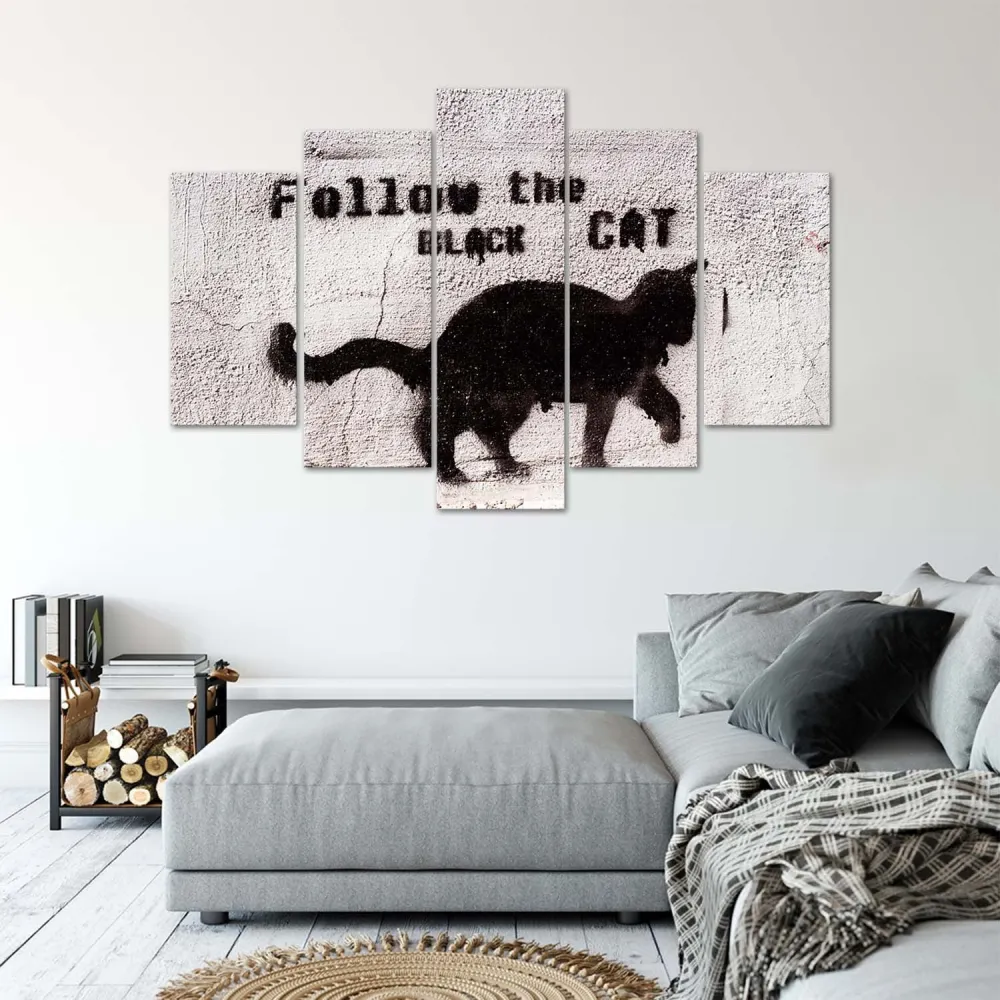 Fünfteiliges Bilderpaneel, Schwarze Katze 100x70 Feeby