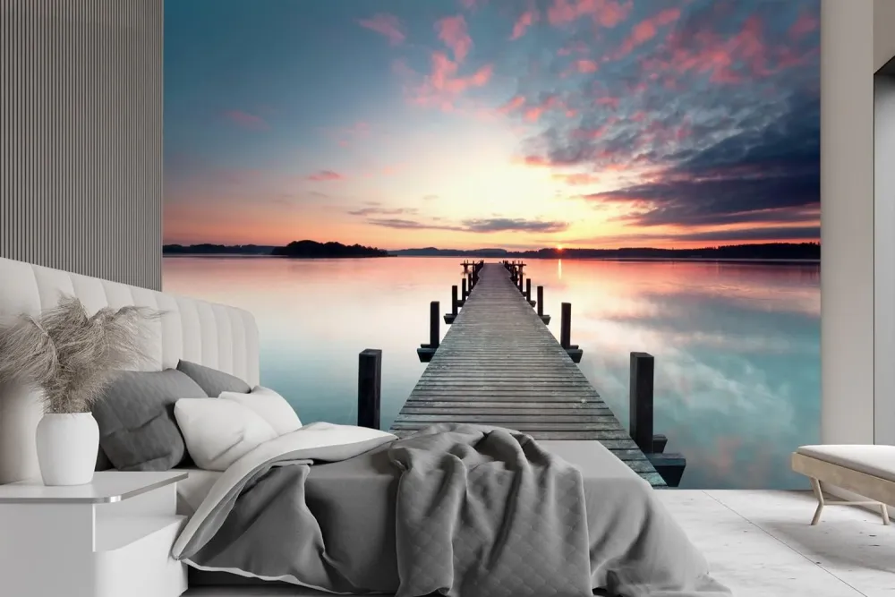 Hintergrundbild, Fußgängerbrücke, See, Sonnenuntergang 100x70 Feeby