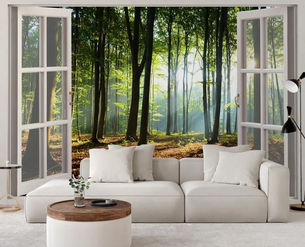 Hintergrundbild, Morgenblick aus dem Fenster im Wald 140x100 Feeby