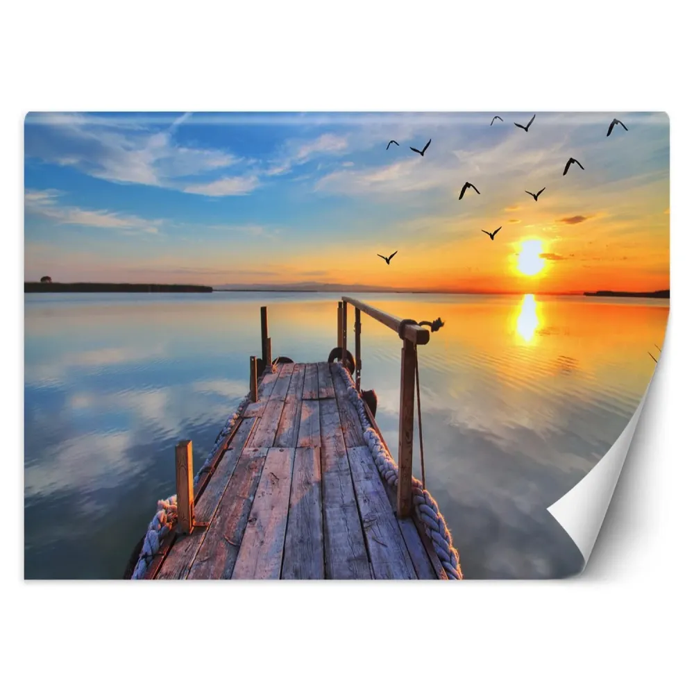 Hintergrundbild, Sonnenuntergang über Fußgängerbrücke am See 100x70 Feeby