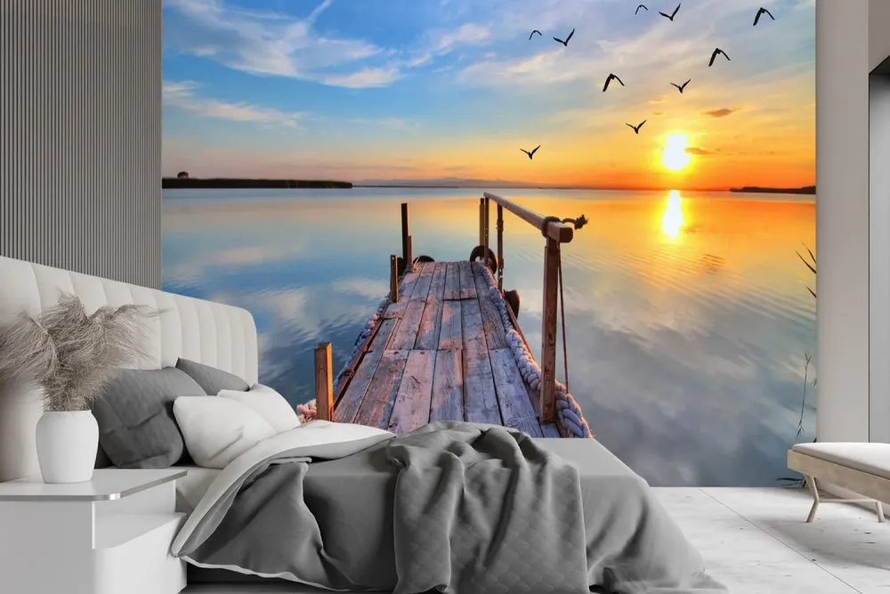 Hintergrundbild, Sonnenuntergang über Fußgängerbrücke am See 100x70 Feeby