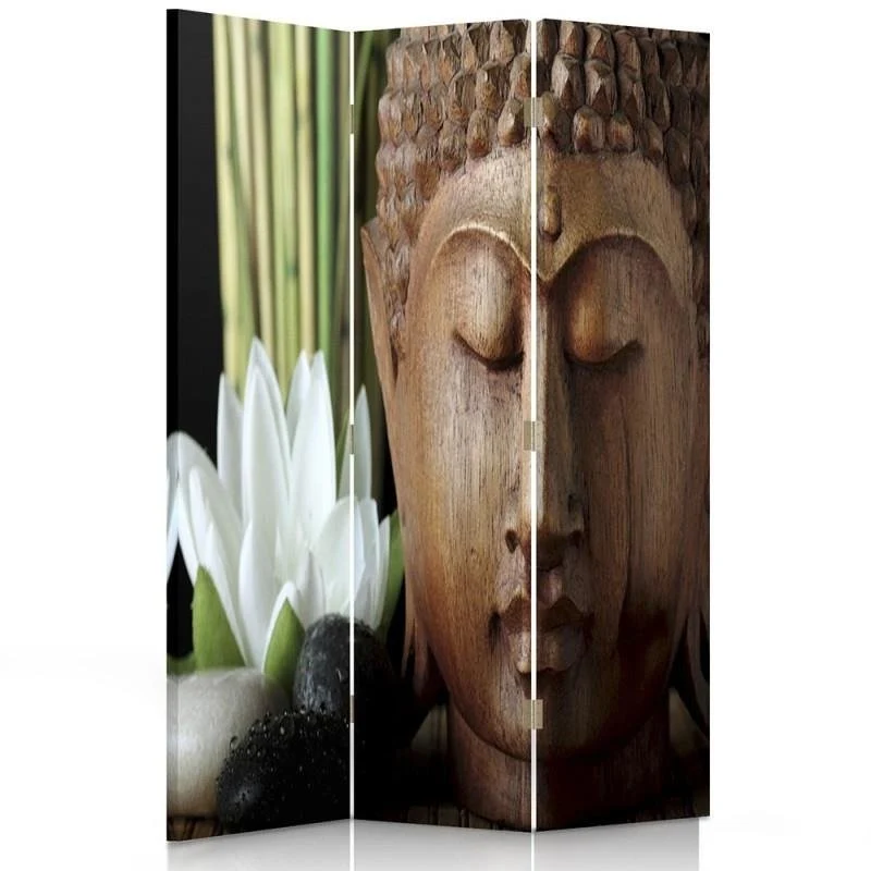 Raumteiler, doppelseitig drehbar, Buddha aus Holz Feeby