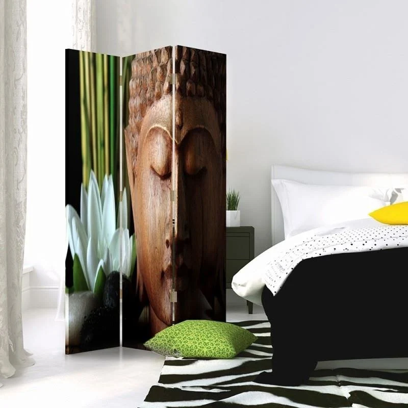 Raumteiler, doppelseitig drehbar, Buddha aus Holz Feeby
