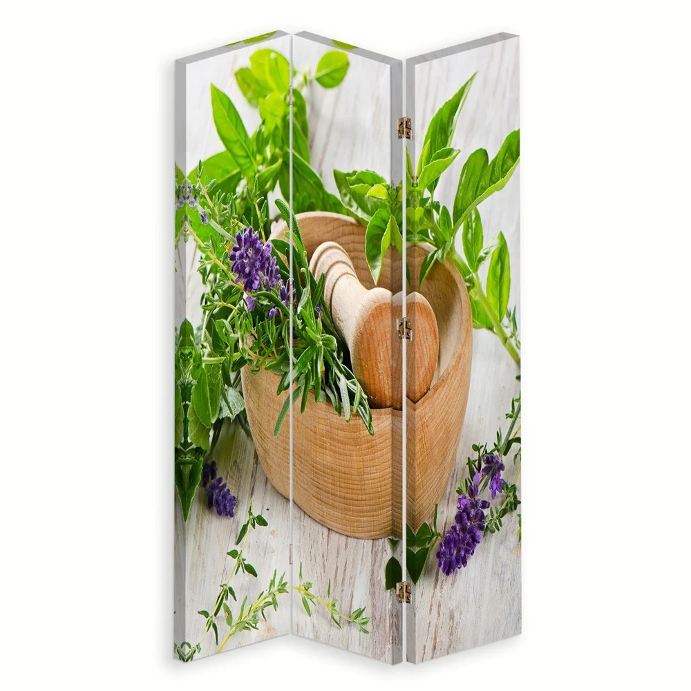 Raumteiler, doppelseitig drehbar; Kräutermörser aus Holz Feeby
