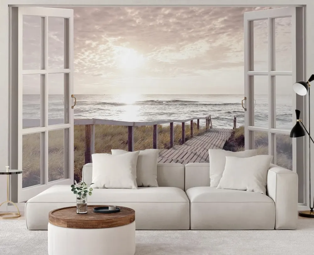 Tapete, Fenster – Fußgängerbrücke zum Strand 140x100 Feeby