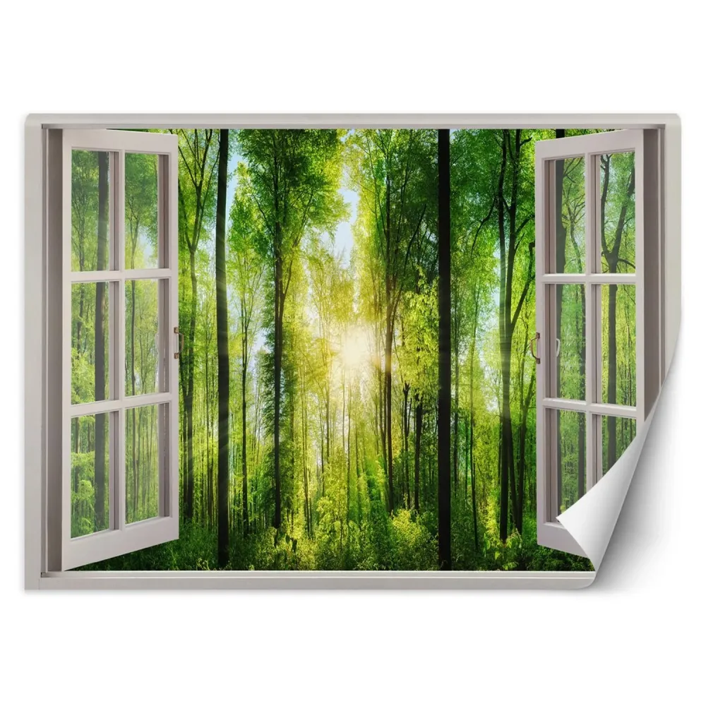 Tapete, Fensterblick, Sonnenstrahlen im Wald 140x100 Feeby