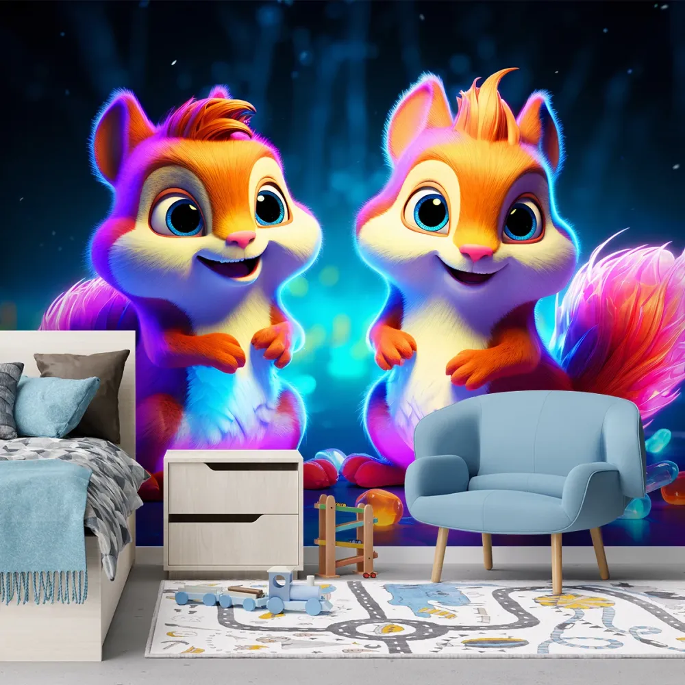 Tapete, Neon-Eichhörnchen im Cartoon-Stil 100x70 Feeby