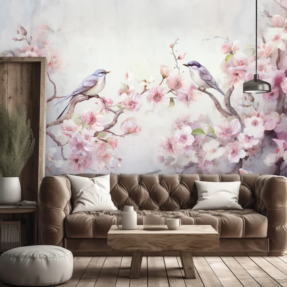 Tapeten, Vögel und Blumen im Shabby-Chic-Stil 100x70 Feeby