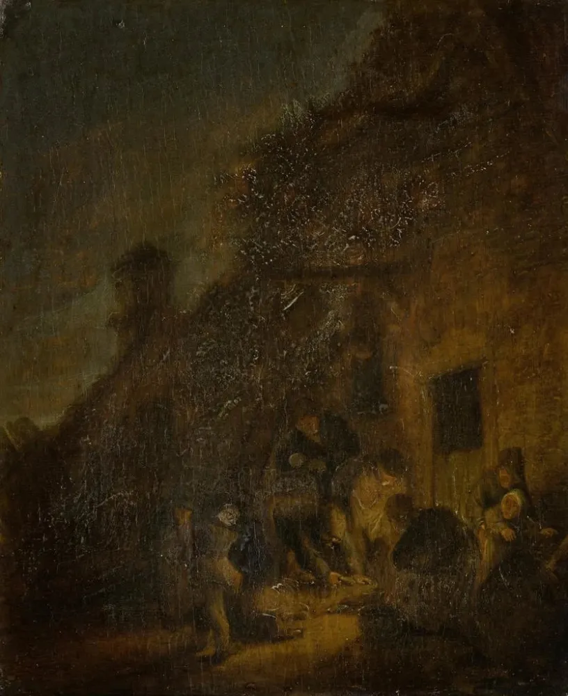 Gemälde Abhauen eines Schweins im Schein einer Fackel - Adriaen van Ostade | Kunstdruck