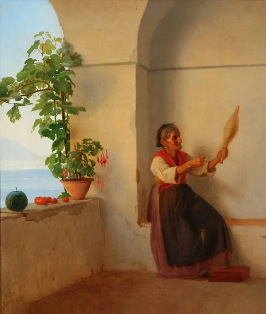 Gemälde Alte Frau mit einem Zehn-Dollar-Schein, die einer italienischen Loggia sitzt - Anton Dorph | Kunstdruck