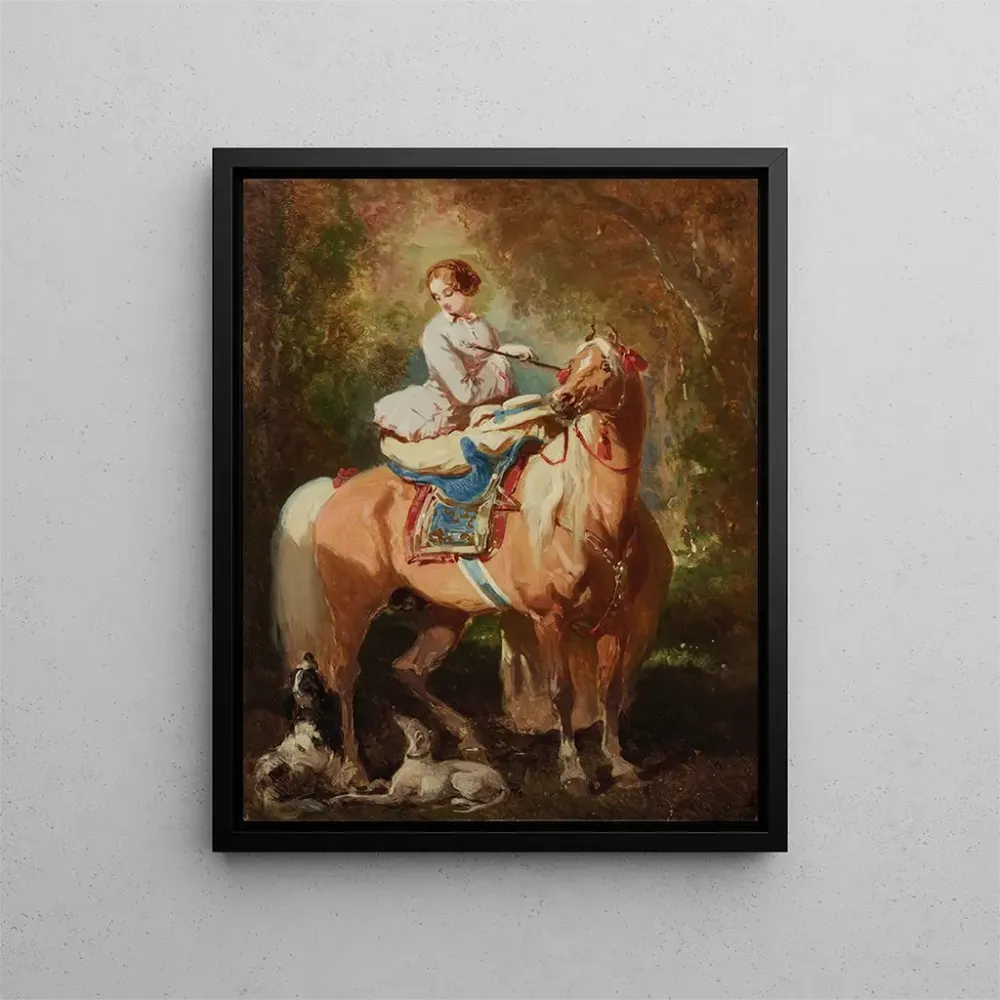 Gemälde Amazone blonde mit Blick auf zwei Hunde und ein hellbraunes Pferd - Alfred de Dreux | Kunstdruck
