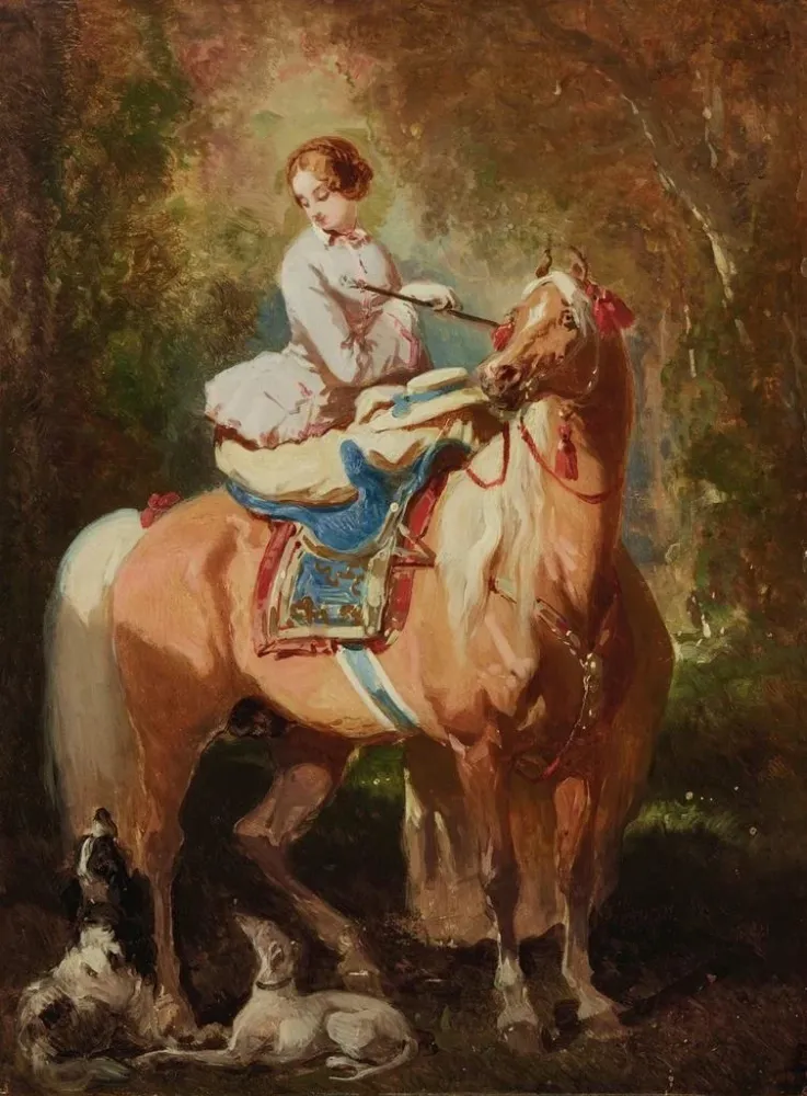 Gemälde Amazone blonde mit Blick auf zwei Hunde und ein hellbraunes Pferd - Alfred de Dreux | Kunstdruck