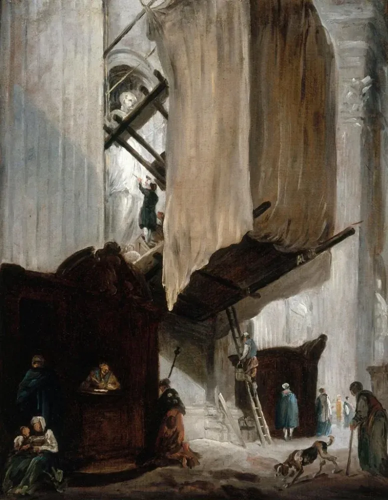 Gemälde Bildhauer, der der Statue eines Heiligen arbeitet, Sankt Peter von Rom - Hubert Robert | Kunstdruck