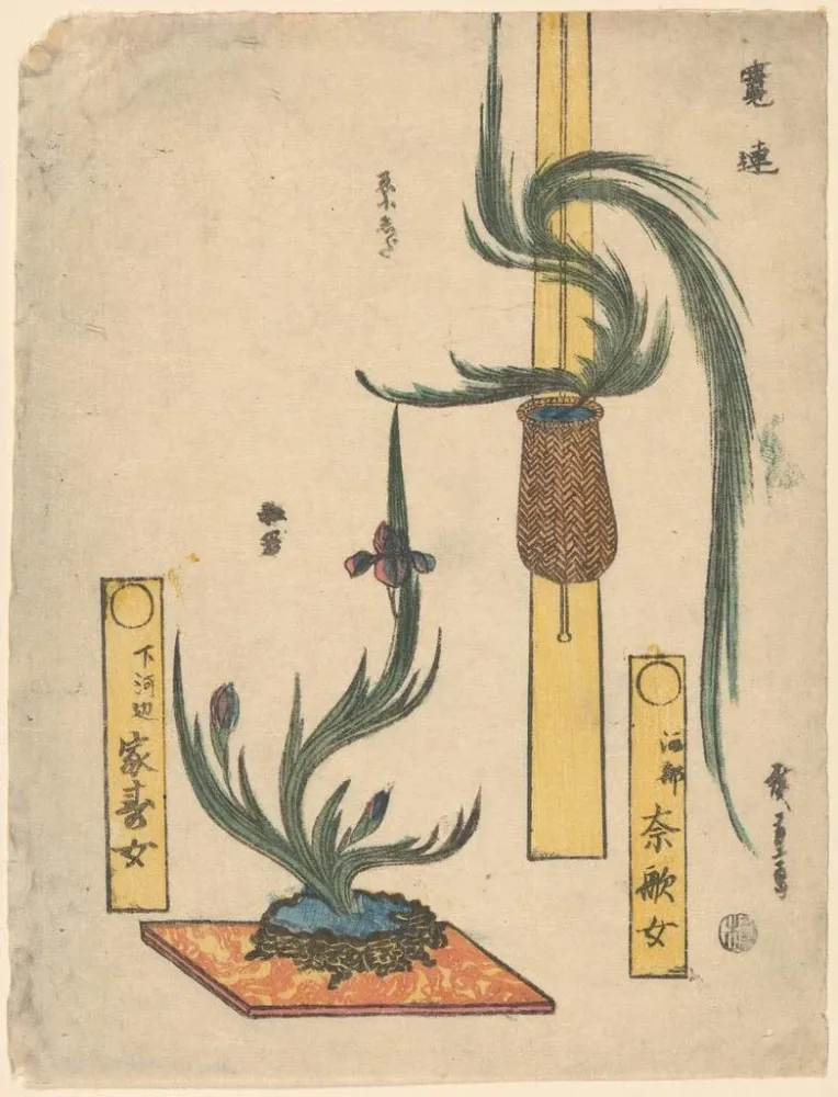 Gemälde Blumenarrangements Korb Pin und Iris einer Steinschale - Andō Hiroshige | Kunstdruck