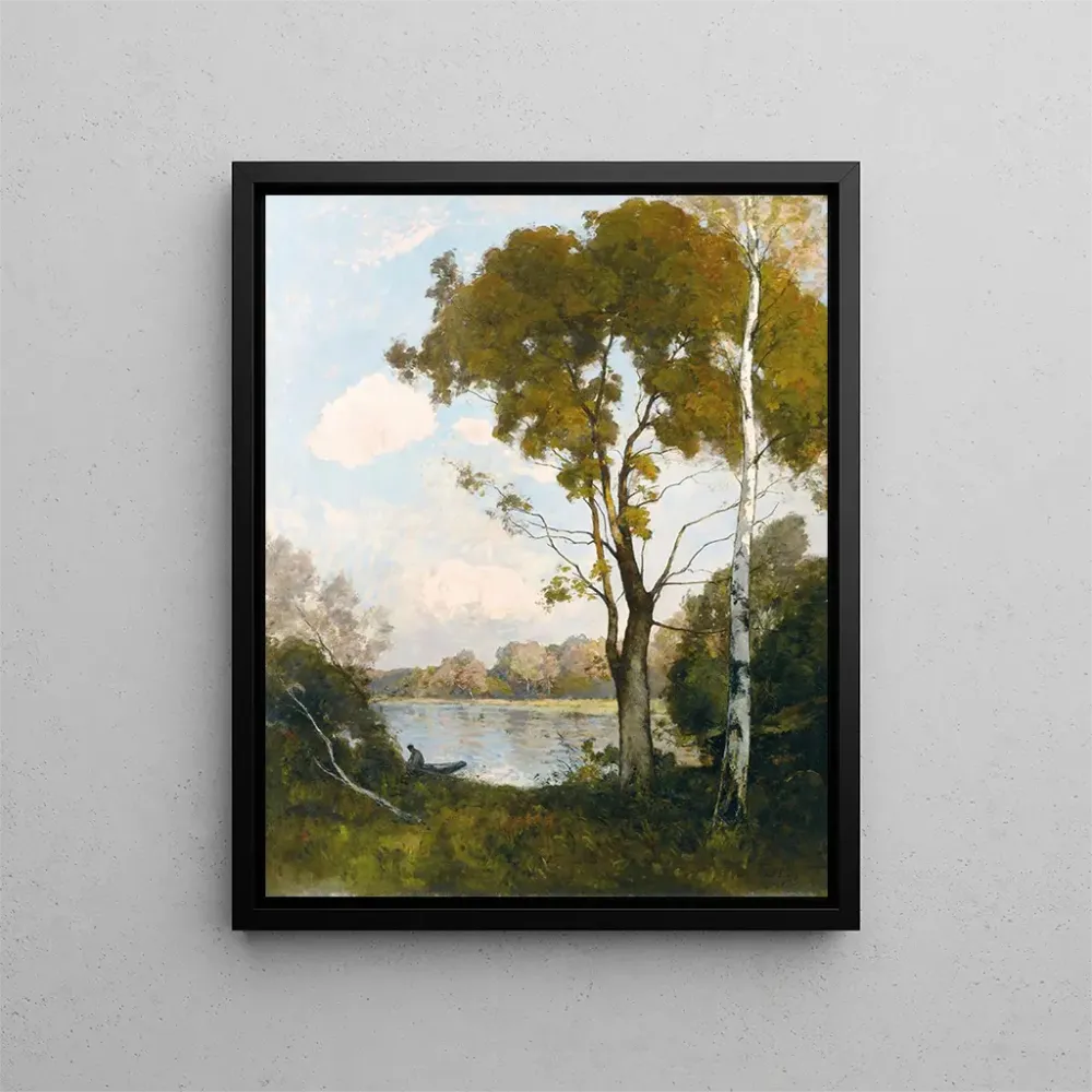 Gemälde Boot bei Sonnenuntergang, zwei große Bäume rechts - Paul Lecomte | Kunstdruck