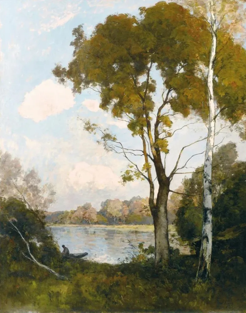 Gemälde Boot bei Sonnenuntergang, zwei große Bäume rechts - Paul Lecomte | Kunstdruck