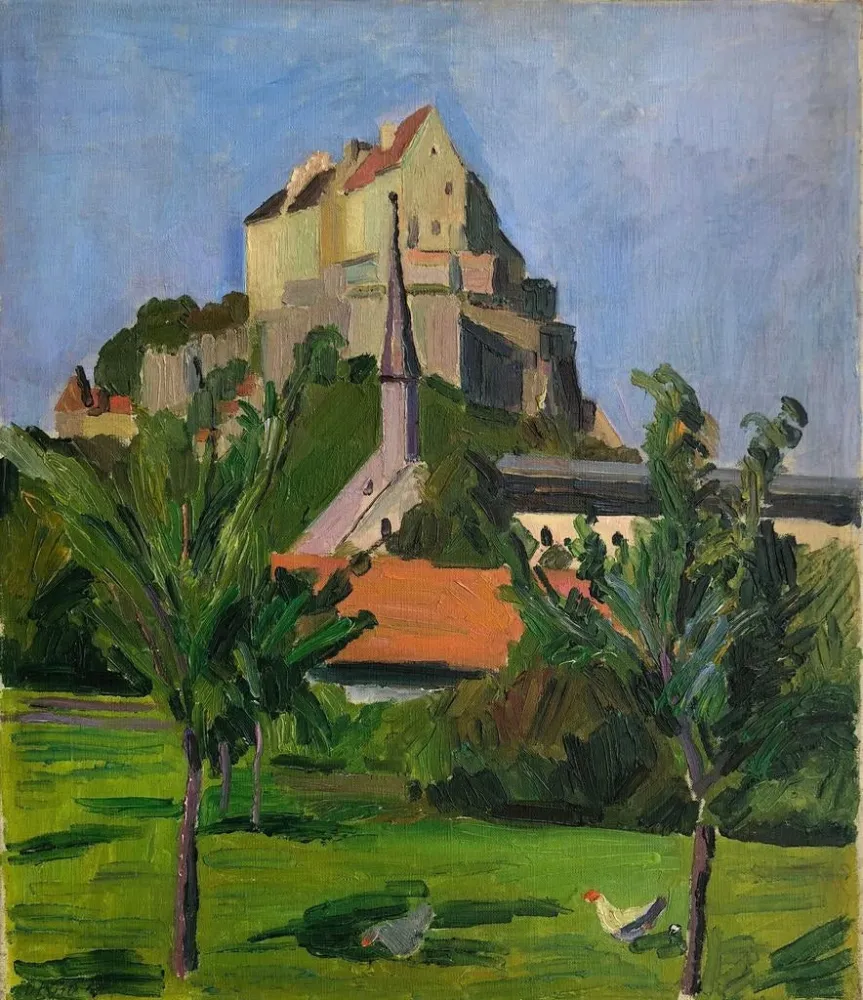 Gemälde Burghausen, Garten mit Hühnern im Hintergrund - Festungsansicht - Otto Geigenberger | Kunstdruck