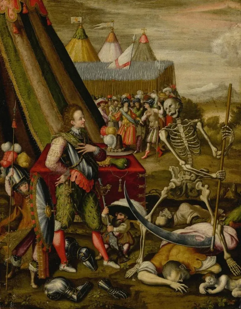 Gemälde Der Dialog des Fürsten mit dem Tod Allegorie des Grauens des Krieges - Antoine Caron | Kunstdruck