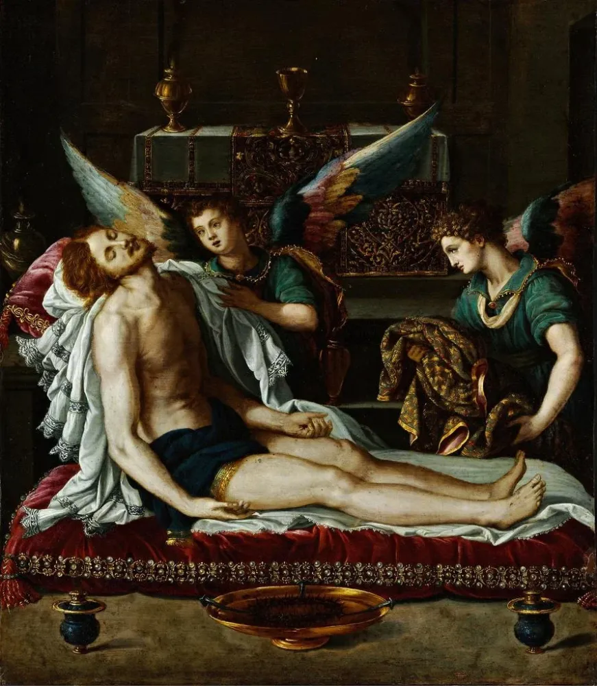 Gemälde Der Leib Christi gesalbt von zwei Engeln - Alessandro Allori | Kunstdruck