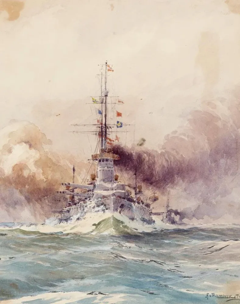 Gemälde Der Schlachtschiff Imperial VIRIBUS UNITIS mit voller Geschwindigkeit begleitet von der Flotte - August von Ramber...