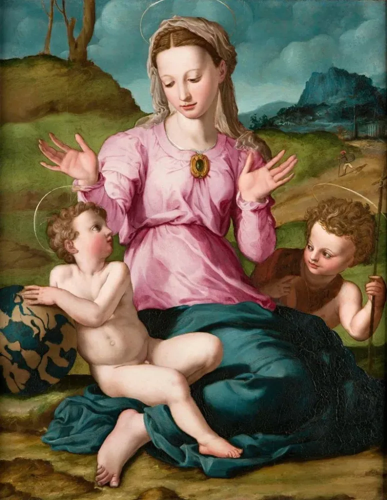 Gemälde Die Jungfrau mit Kind und Johannes dem Täufer - Agnolo Bronzino | Kunstdruck