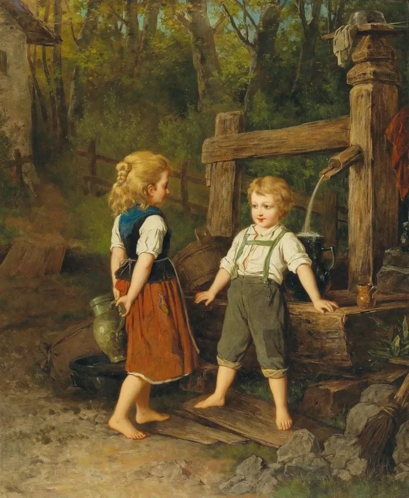 Gemälde Die Kinder am Brunnen - Anton Ebert | Kunstdruck