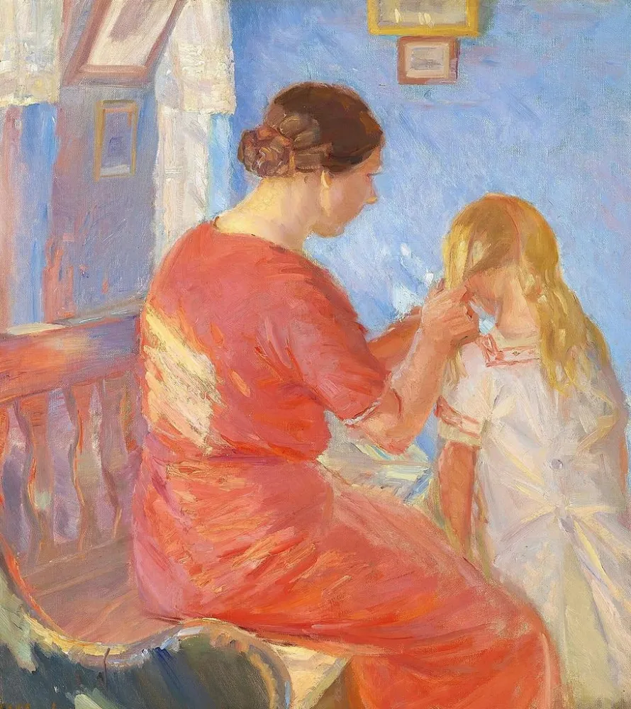 Gemälde Die Mutter flechtet die Haare des Kindes - Anna Ancher | Kunstdruck