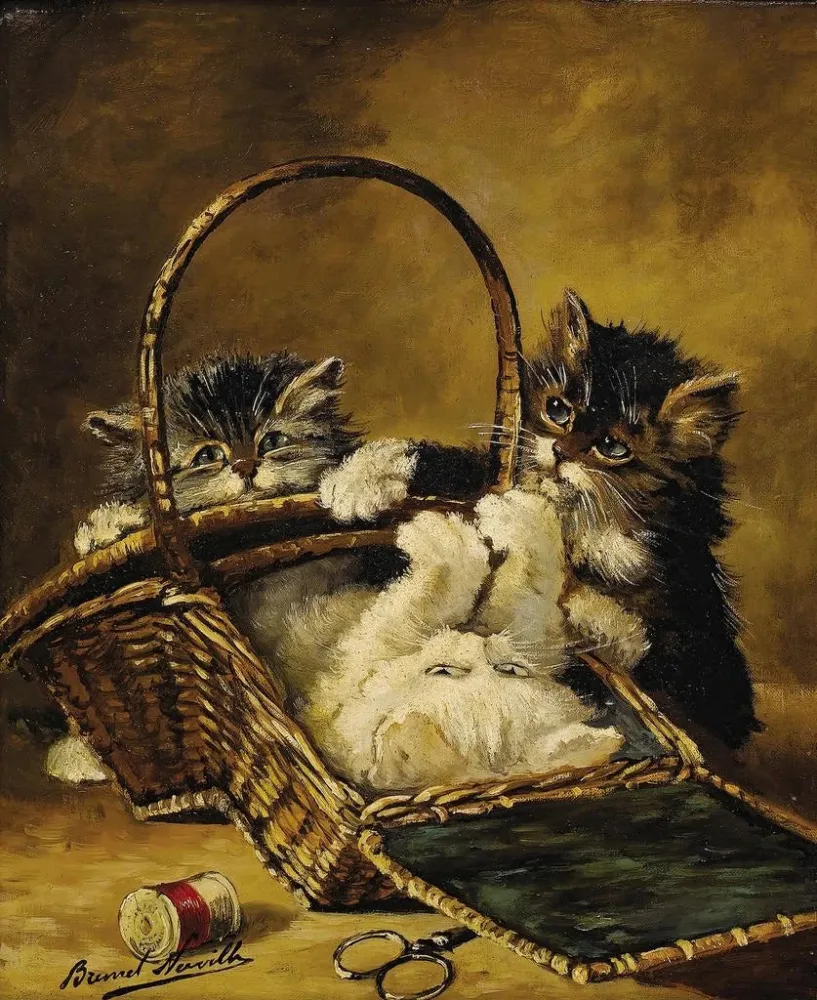Gemälde Drei Kätzchen, die einem Nähkorb spielen - Arthur Alfred Brunel de Neuville | Kunstdruck