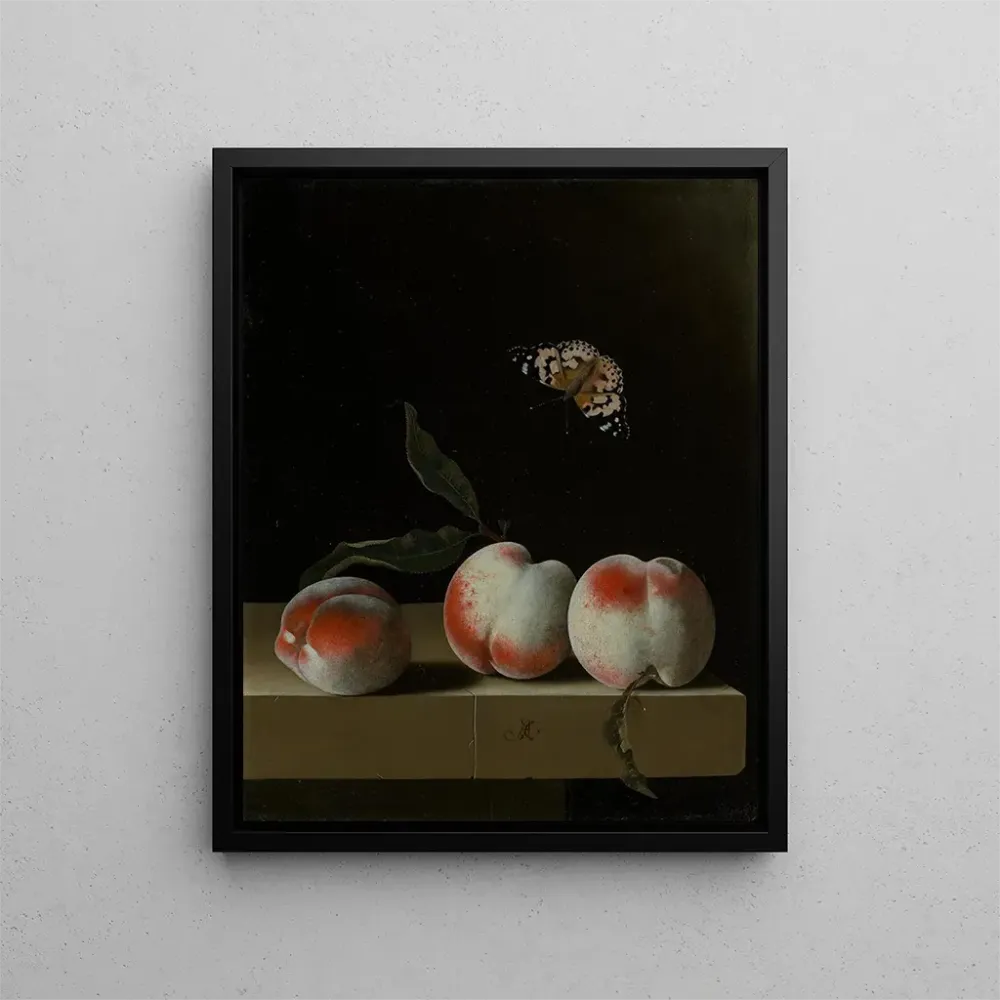 Gemälde Drei Pfirsiche auf einem Steinsockel mit einem Schmetterling Dame gemalt - Adriaen Coorte | Kunstdruck