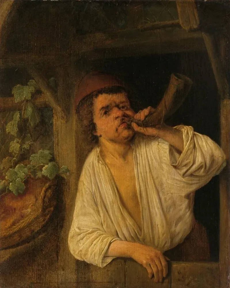 Gemälde Ein Bäcker, der die Trompete bläst - Adriaen van Ostade | Kunstdruck