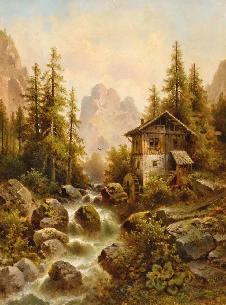Gemälde Ein bewaldetes Landschaft mit Wasserfall - Anton Pickert | Kunstdruck
