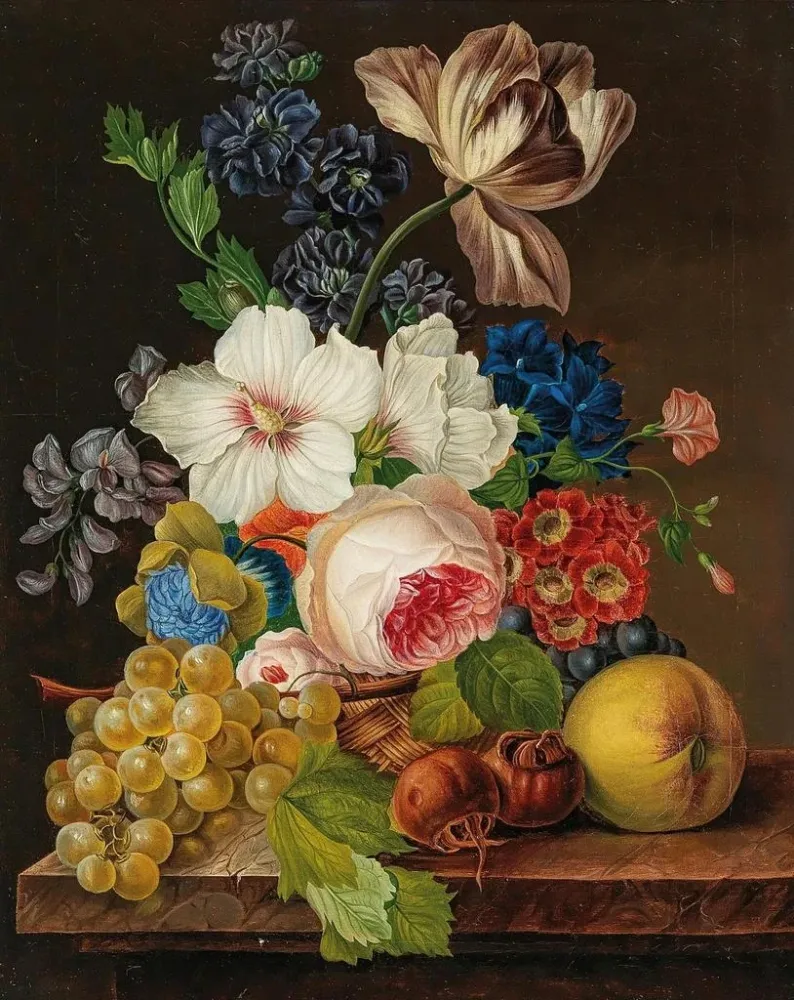 Gemälde Ein Blumenstrauß mit Trauben und Nèfles - Anonym | Kunstdruck